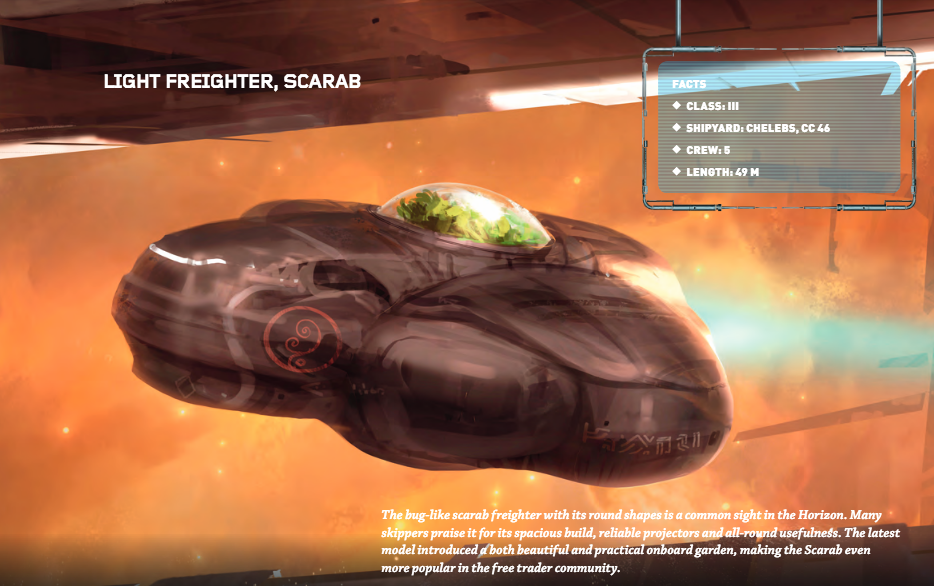 A "Scarab" light freighter spaceship. It resembles a thick/inflated X with rounded edges.